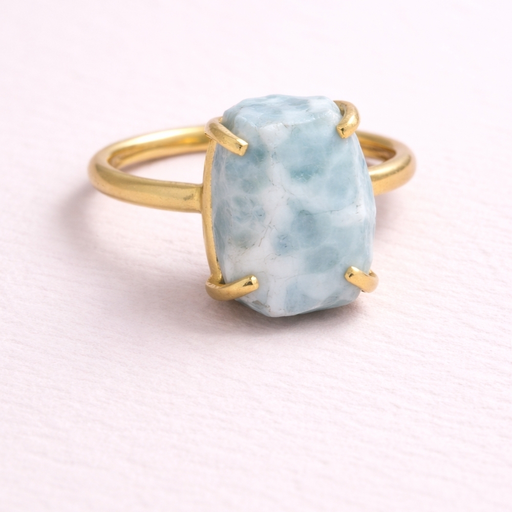 Raw Larimar Ring Size 7 Gold 4 Prong Natural Caribbean Stone